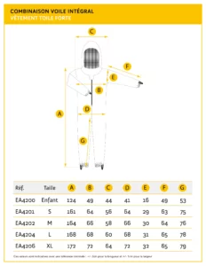 Guide des tailles combinaison apiculteur voile intégral en toile forte — modèle enfant à XL API-EA4200 à API-EA4206