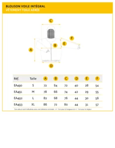 Guide des tailles blouson apiculteur voile intégral toile aérée — tableau de mesures API-EA490 à API-EA493
