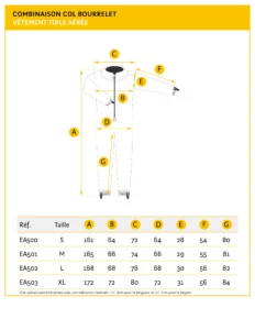 Guide des tailles combinaison apiculteur col bourrelet toile aérée — tableau de mesures API-EA500 à API-EA50