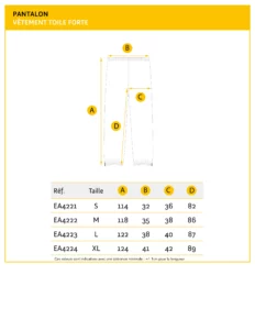 Guide des tailles pantalon apiculteur en toile forte — tableau de mesures API-EA4221 à API-EA4224 du S au XL