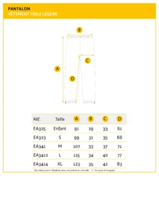 Guide des tailles pantalon apiculteur en toile légère — modèle API-EA325 à API-EA3414 du format enfant au XL